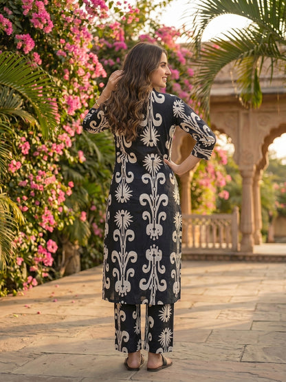 Ikat Print Straight Kurta with Palazzo - Black