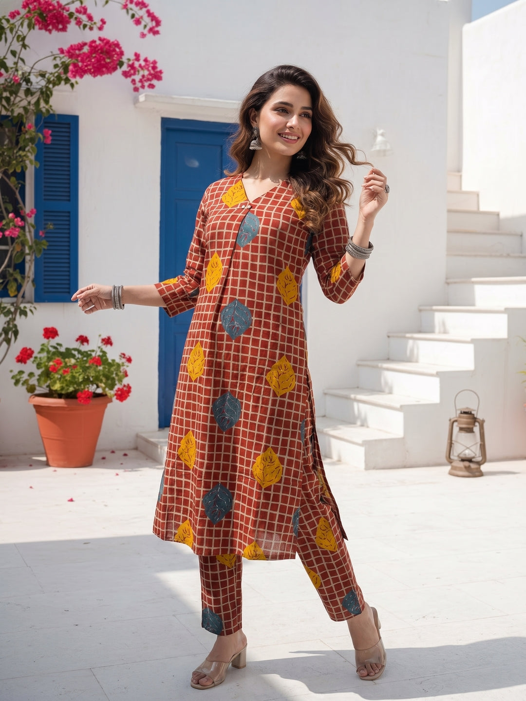 Abstract Checks & Foliage Print Straight Kurta with Palazzo - Maroon