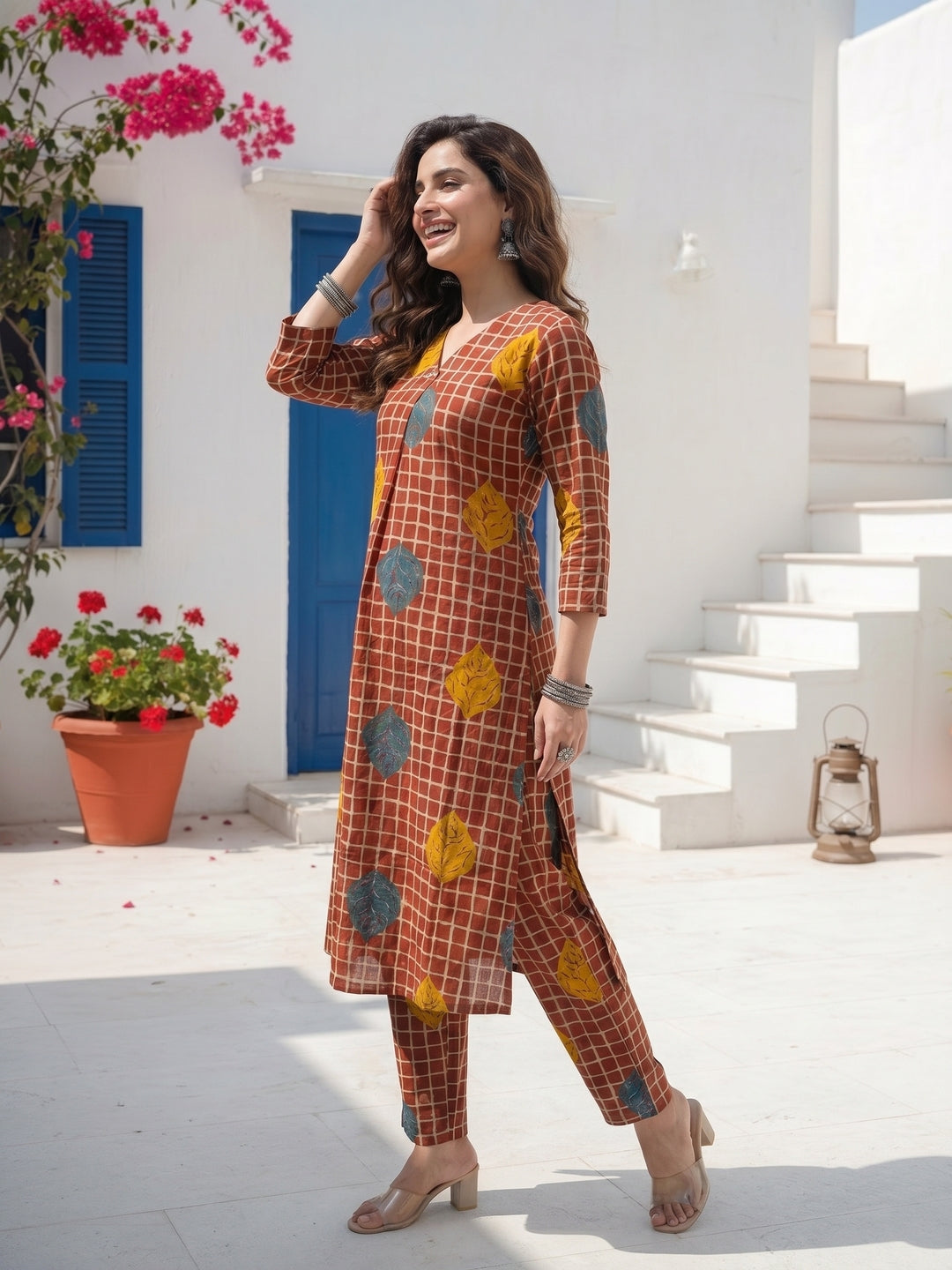 Abstract Checks & Foliage Print Straight Kurta with Palazzo - Maroon