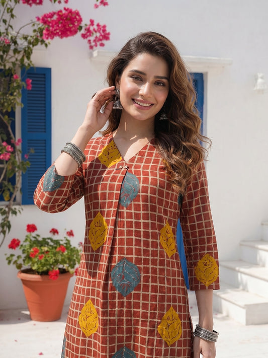 Abstract Checks & Foliage Print Straight Kurta with Palazzo - Maroon