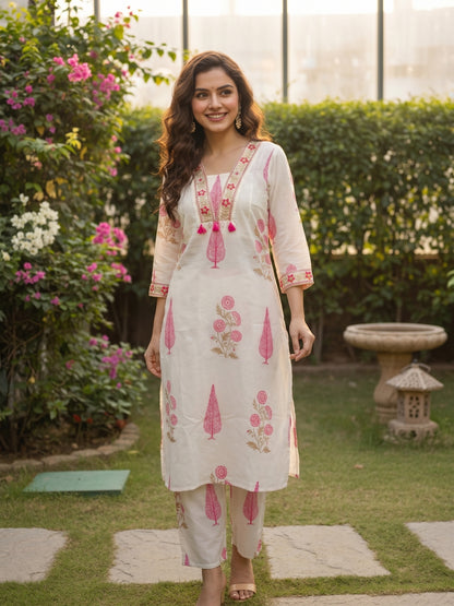 Mughal Print Embroidered A-Line Kurta with Palazzo - Pink