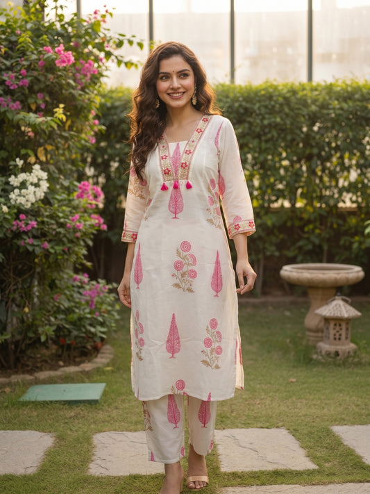 Mughal Print Embroidered A-Line Kurta with Palazzo - Pink