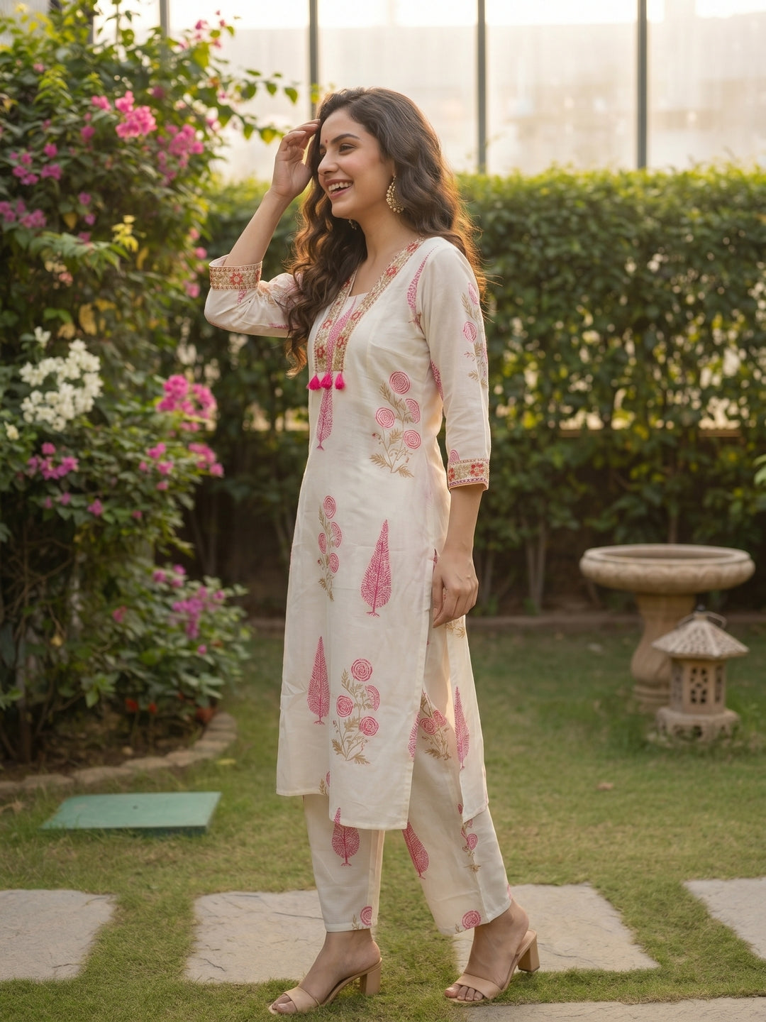 Mughal Print Embroidered A-Line Kurta with Palazzo - Pink