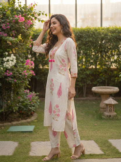 Mughal Print Embroidered A-Line Kurta with Palazzo - Pink
