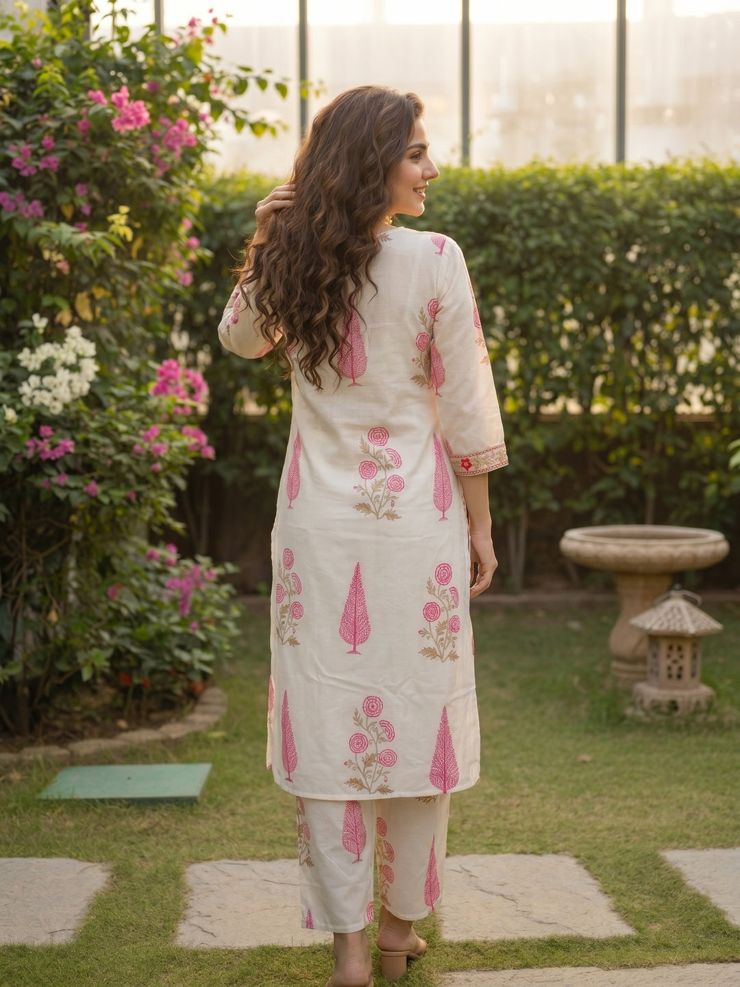 Mughal Print Embroidered A-Line Kurta with Palazzo - Pink
