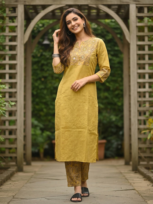 Checks & Jaal Print Mirror Work Straight Kurta with Palazzo - Yellow