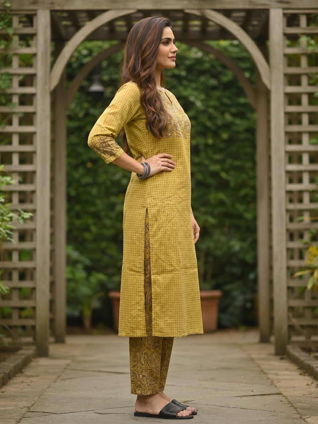 Checks & Jaal Print Mirror Work Straight Kurta with Palazzo - Yellow