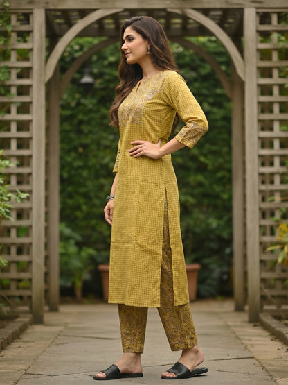Checks & Jaal Print Mirror Work Straight Kurta with Palazzo - Yellow