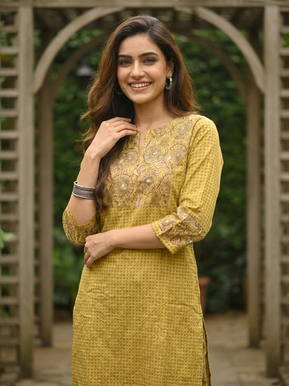 Checks & Jaal Print Mirror Work Straight Kurta with Palazzo - Yellow