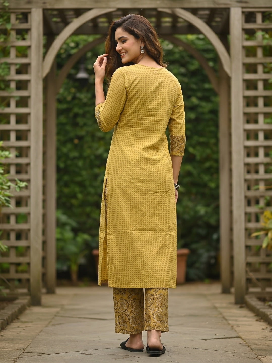 Checks & Jaal Print Mirror Work Straight Kurta with Palazzo - Yellow