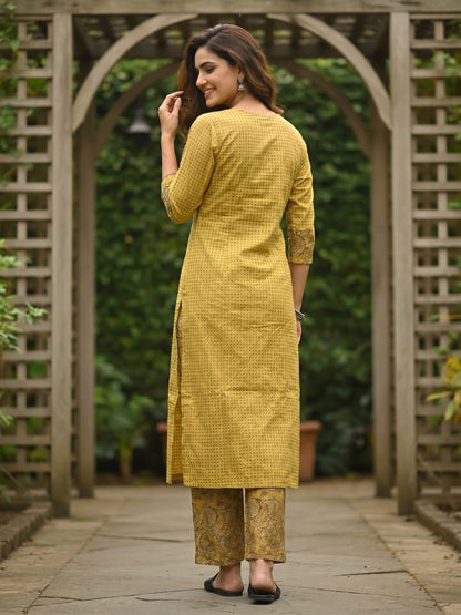 Checks & Jaal Print Mirror Work Straight Kurta with Palazzo - Yellow