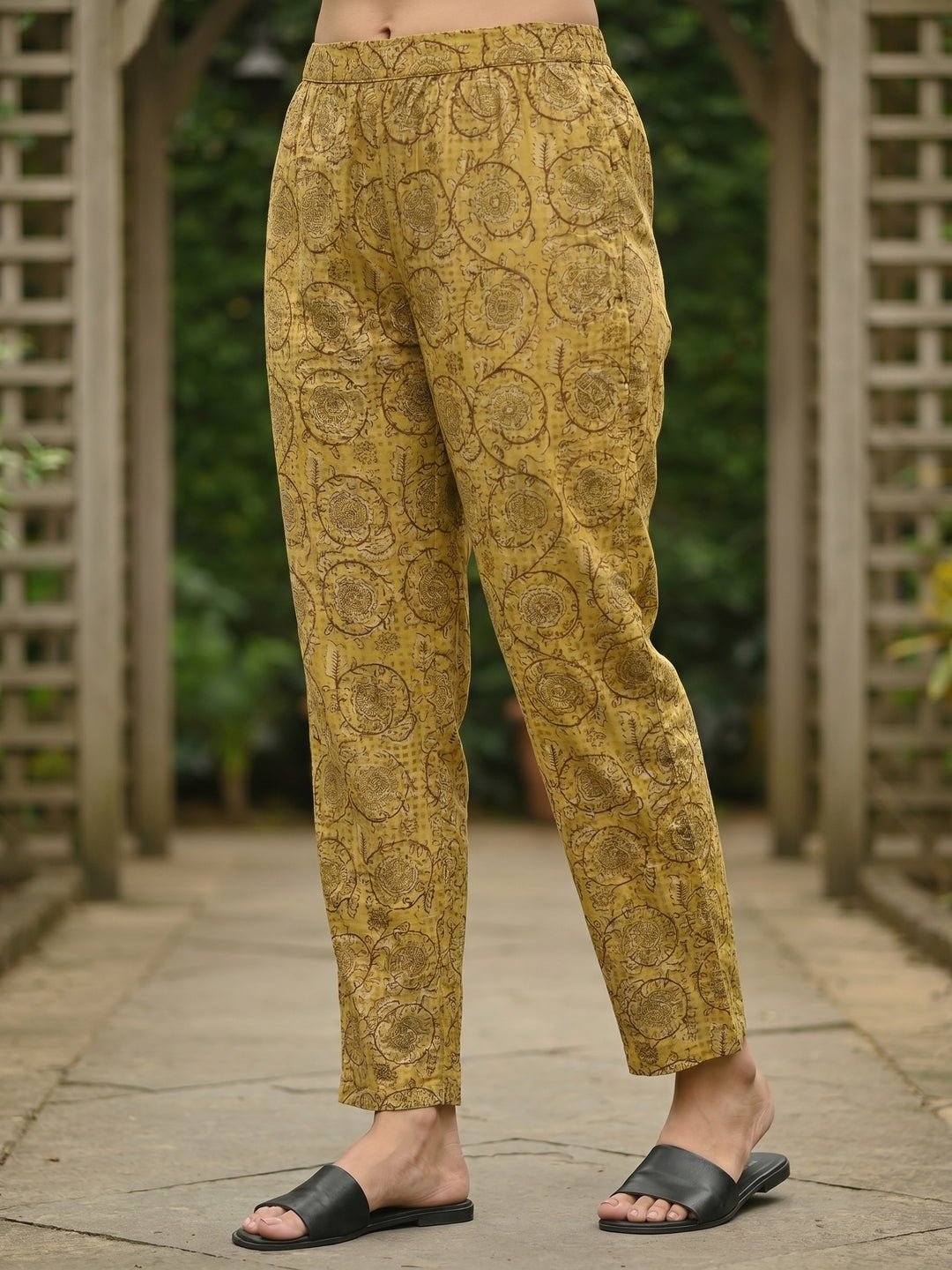 Checks & Jaal Print Mirror Work Straight Kurta with Palazzo - Yellow