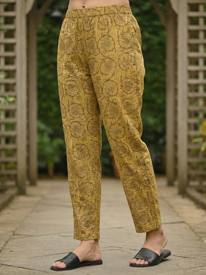 Checks & Jaal Print Mirror Work Straight Kurta with Palazzo - Yellow