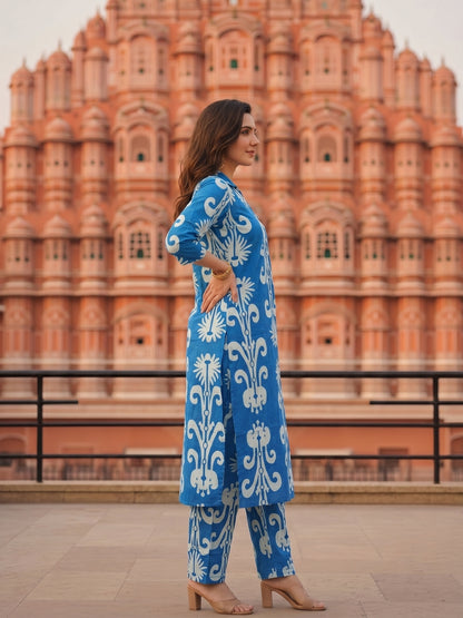 Ikat-Inspired Print Straight Kurta with Palazzo - Blue