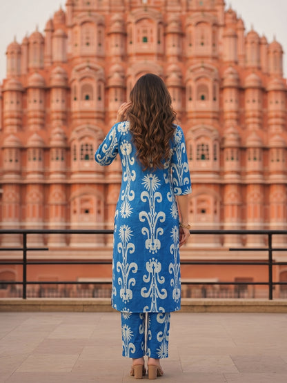 Ikat-Inspired Print Straight Kurta with Palazzo - Blue