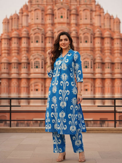 Ikat-Inspired Print Straight Kurta with Palazzo - Blue