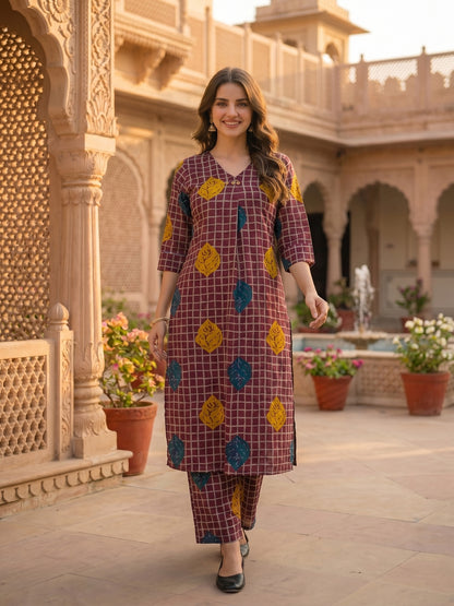 Abstract Checks & Foliage Print Straight Kurta with Palazzo - Magenta