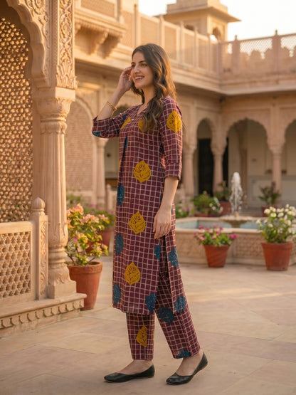 Abstract Checks & Foliage Print Straight Kurta with Palazzo - Magenta