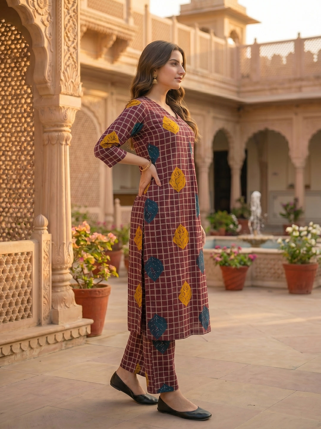 Abstract Checks & Foliage Print Straight Kurta with Palazzo - Magenta