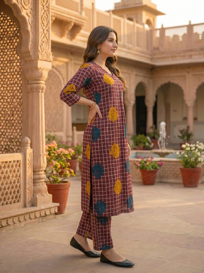 Abstract Checks & Foliage Print Straight Kurta with Palazzo - Magenta