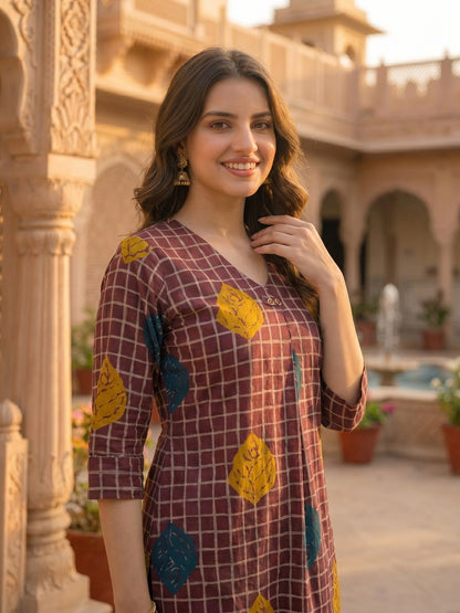 Abstract Checks & Foliage Print Straight Kurta with Palazzo - Magenta