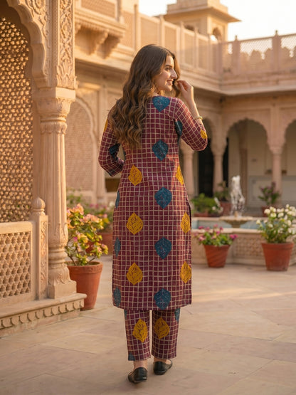 Abstract Checks & Foliage Print Straight Kurta with Palazzo - Magenta
