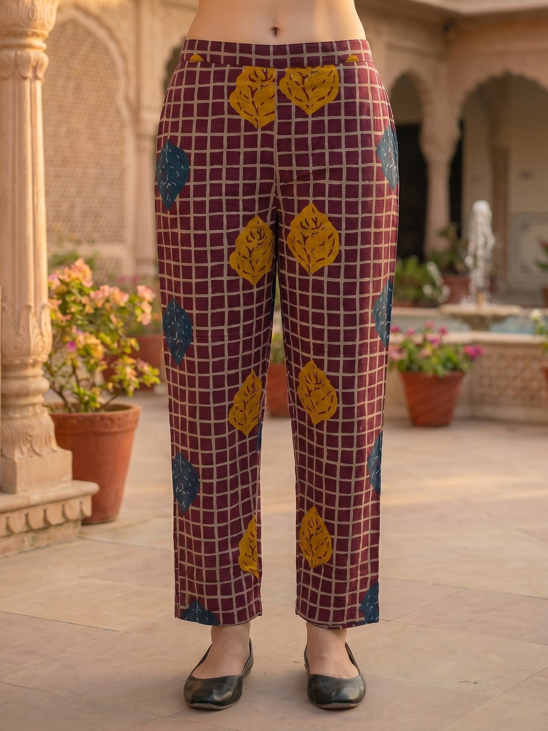 Abstract Checks & Foliage Print Straight Kurta with Palazzo - Magenta