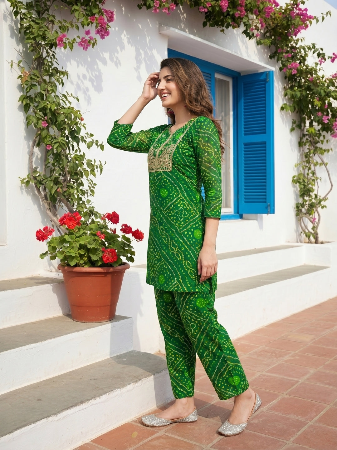 Bandhani Printed Embroidered A-Line Co-ord Set - Green