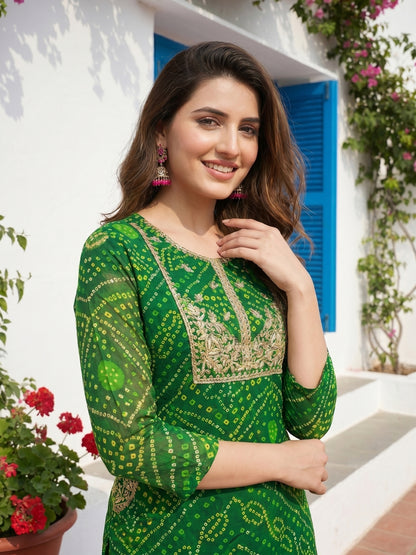 Bandhani Printed Embroidered A-Line Co-ord Set - Green