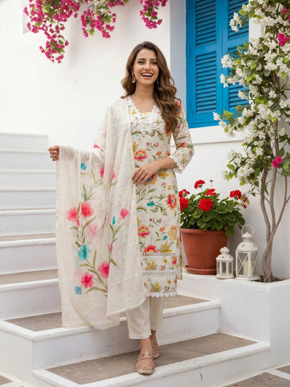 Floral Printed Straight Kurta with Pant & Hand Painted Dupatta - White