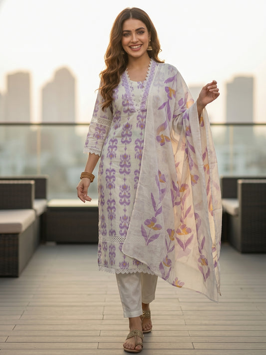 Ikat Printed Straight Kurta with Pant & Hand Painted Dupatta - Off White