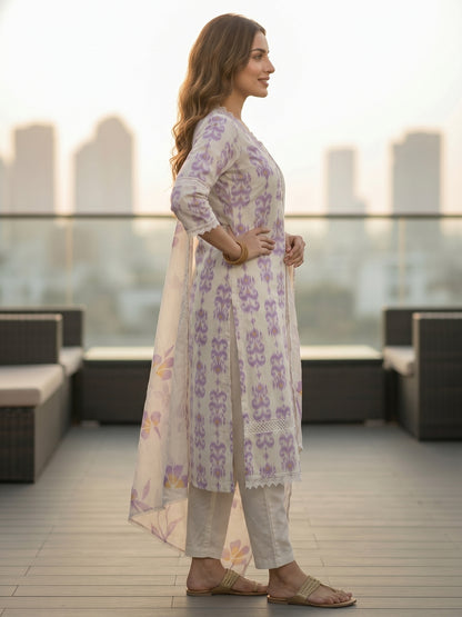 Ikat Printed Straight Kurta with Pant & Hand Painted Dupatta - Off White