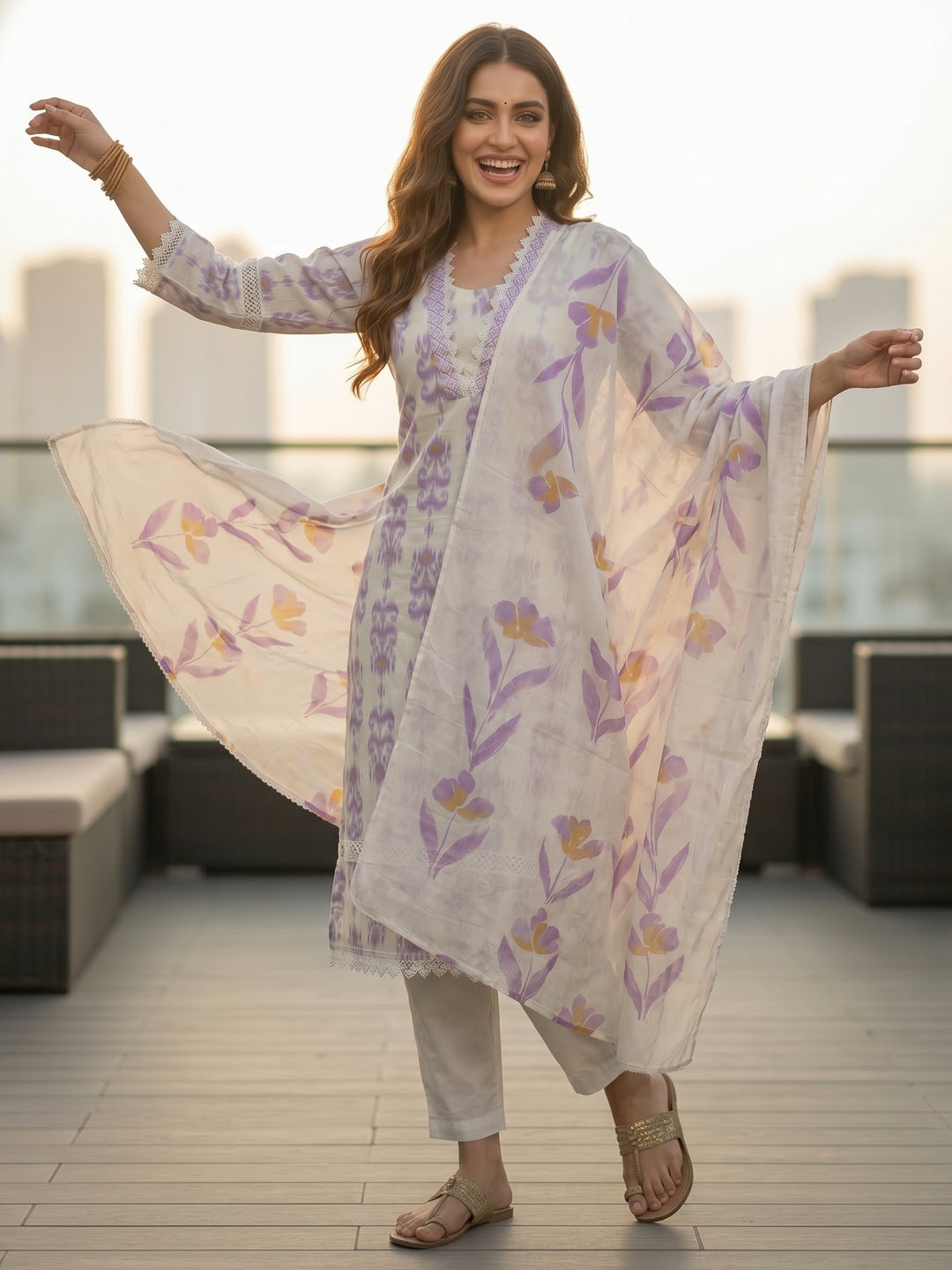 Ikat Printed Straight Kurta with Pant & Hand Painted Dupatta - Off White