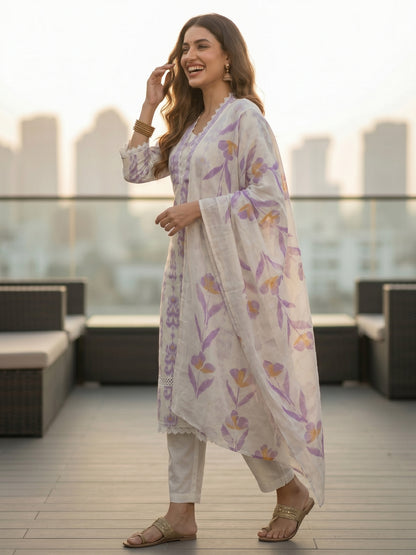 Ikat Printed Straight Kurta with Pant & Hand Painted Dupatta - Off White