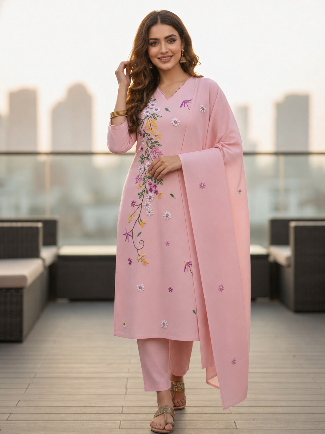 Solid Floral Embroidered Straight Kurta with Pant & Dupatta - Pink