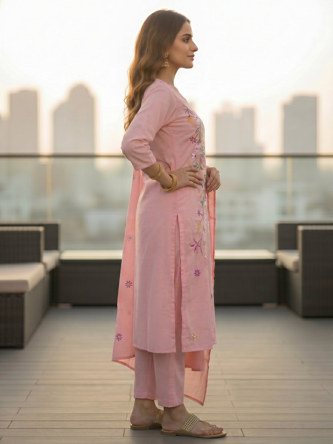 Solid Floral Embroidered Straight Kurta with Pant & Dupatta - Pink
