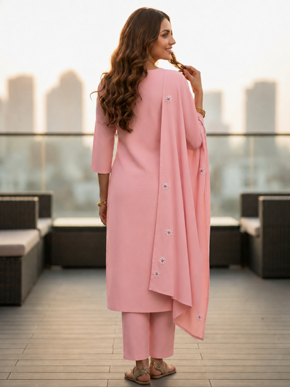 Solid Floral Embroidered Straight Kurta with Pant & Dupatta - Pink
