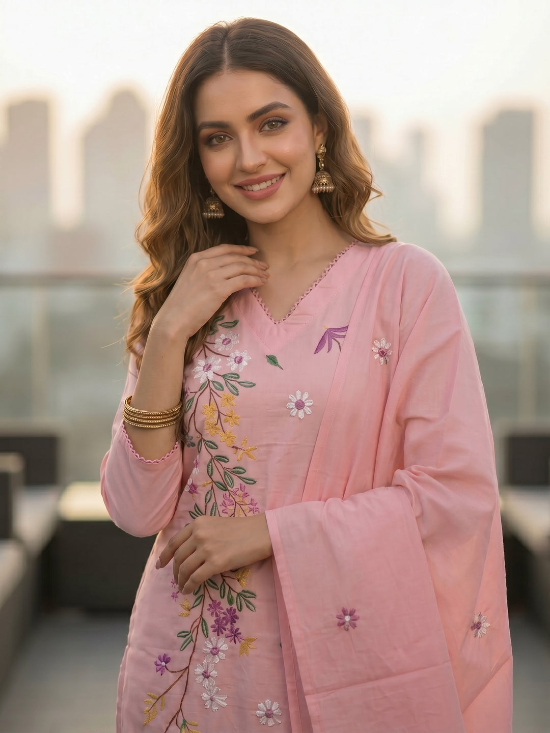 Solid Floral Embroidered Straight Kurta with Pant & Dupatta - Pink