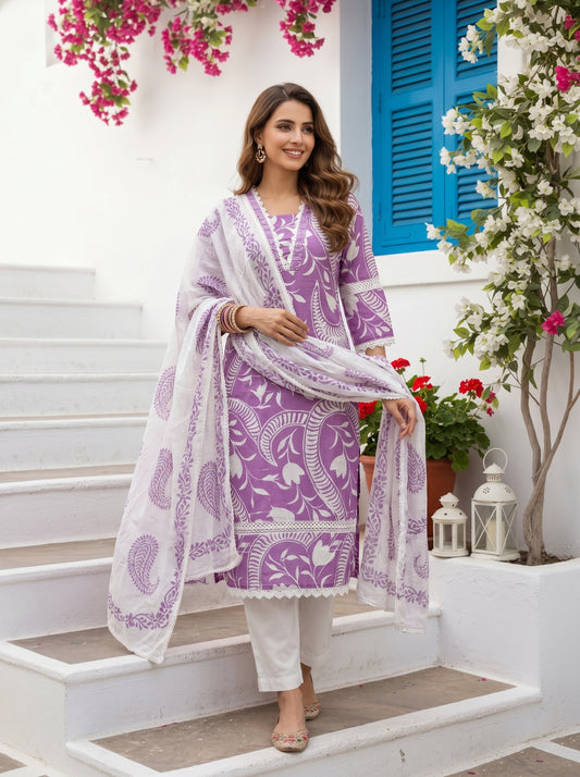 Lavender Printed Kurta Set with Pant & Dupatta