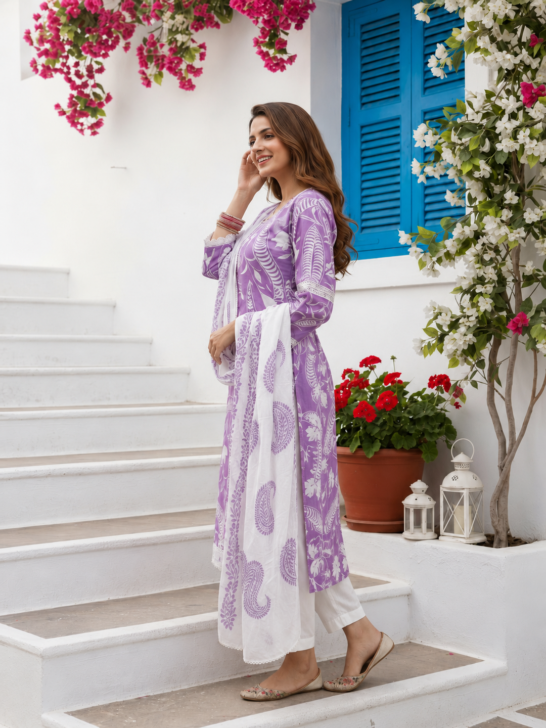 Lavender Printed Kurta Set with Pant & Dupatta