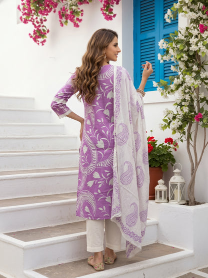 Lavender Printed Kurta Set with Pant & Dupatta
