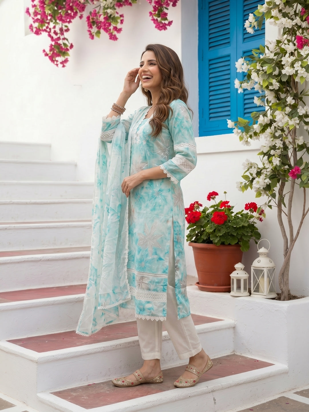 Floral Printed Straight Kurta with Pant & Hand Painted Dupatta - Blue