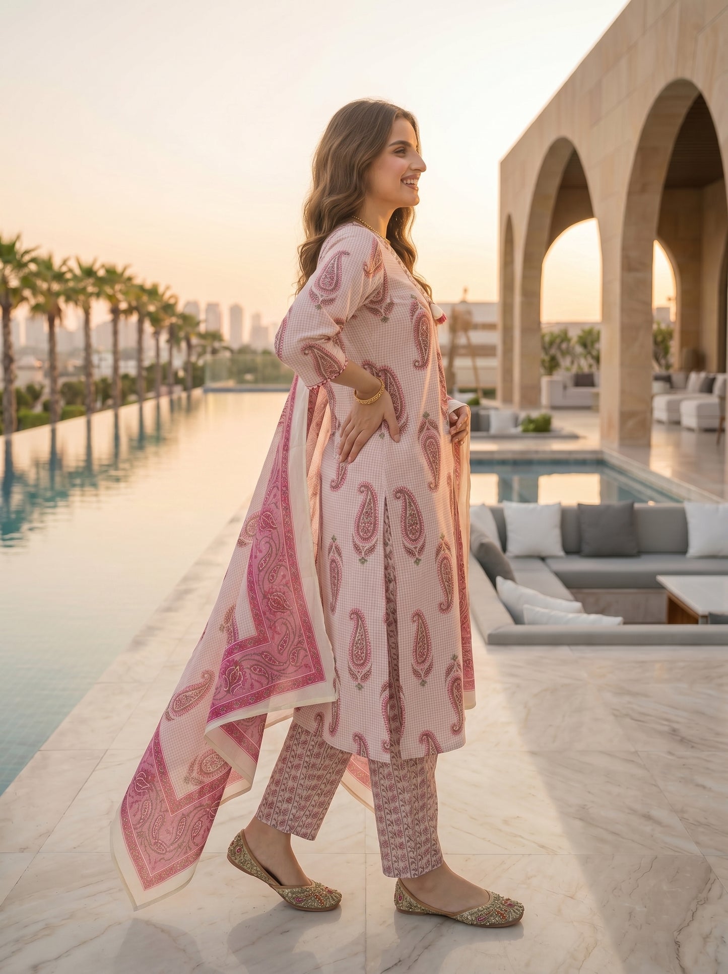 Checks & Paisley Print Straight Kurta with Palazzo & Dupatta - Pink