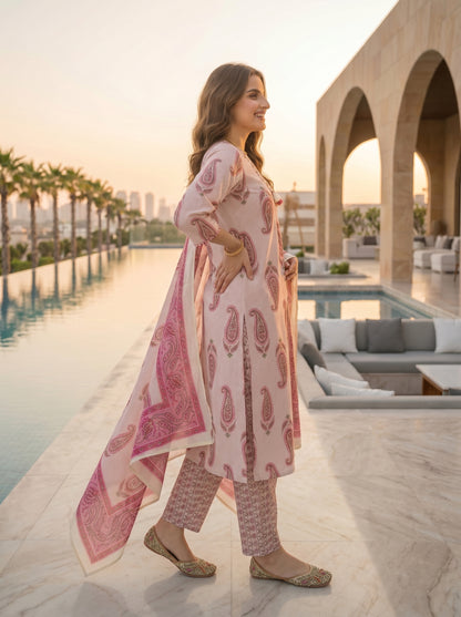Checks & Paisley Print Straight Kurta with Palazzo & Dupatta - Pink