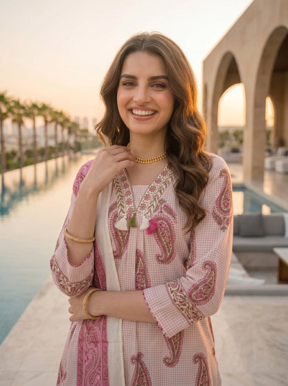 Checks & Paisley Print Straight Kurta with Palazzo & Dupatta - Pink