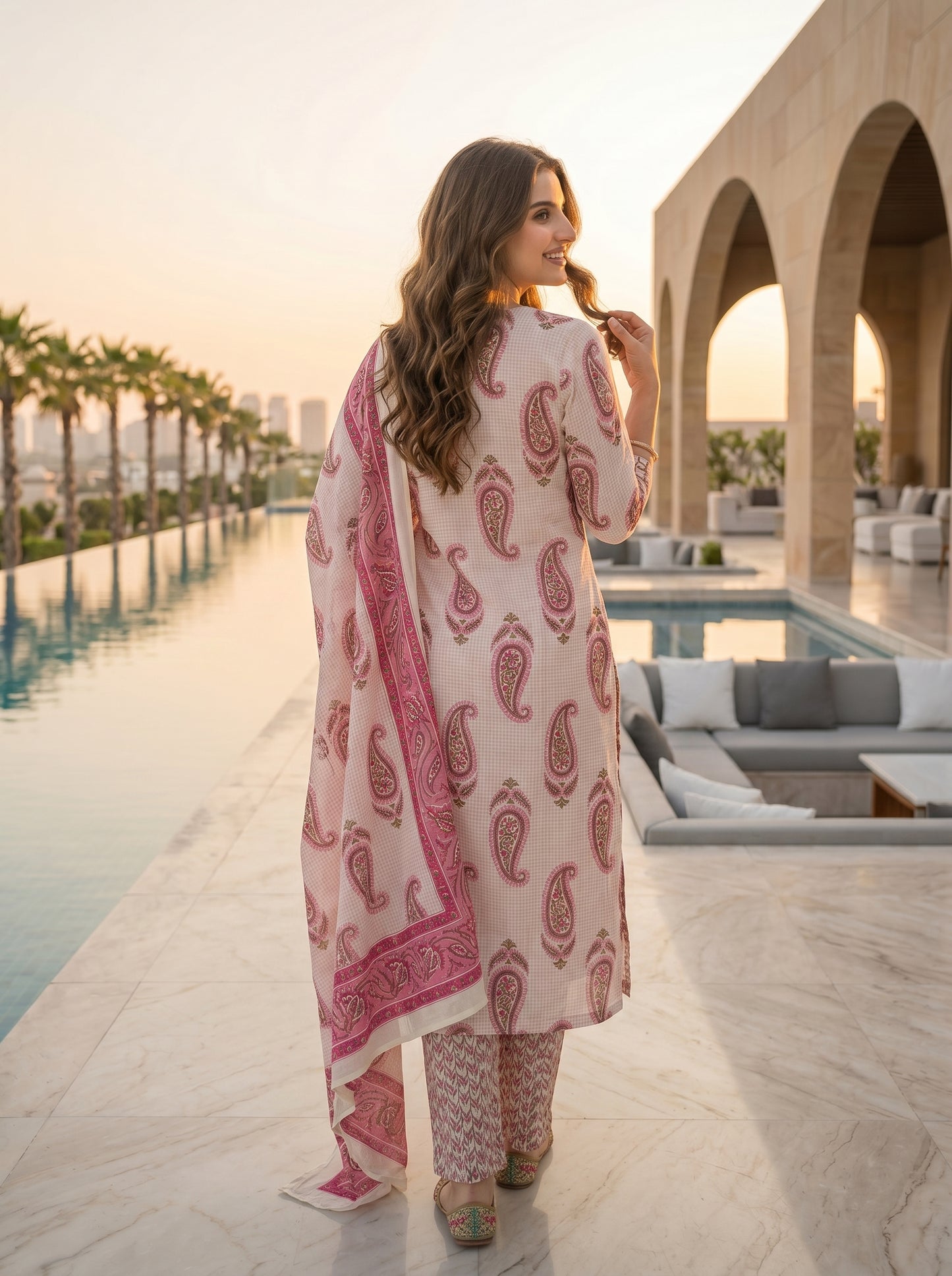 Checks & Paisley Print Straight Kurta with Palazzo & Dupatta - Pink