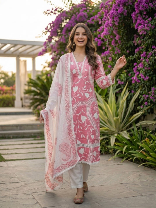 Abstract Floral Printed Straight Kurta with Pant & Dupatta - Pink