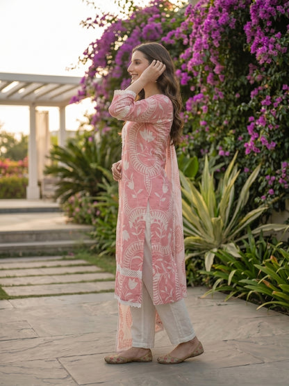 Abstract Floral Printed Straight Kurta with Pant & Dupatta - Pink