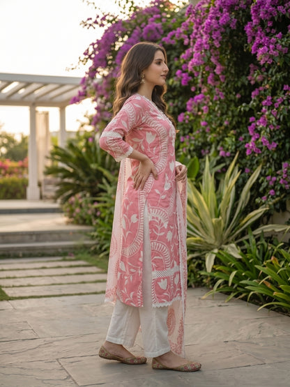 Abstract Floral Printed Straight Kurta with Pant & Dupatta - Pink
