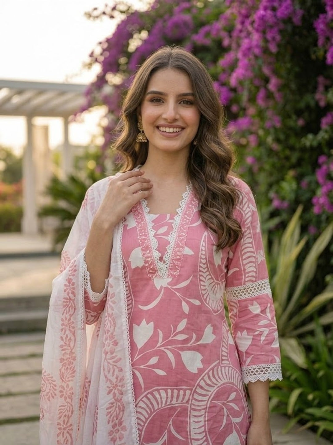 Abstract Floral Printed Straight Kurta with Pant & Dupatta - Pink